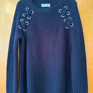 Pink Rose Black Lace-Up Shoulder Crewneck Sweater